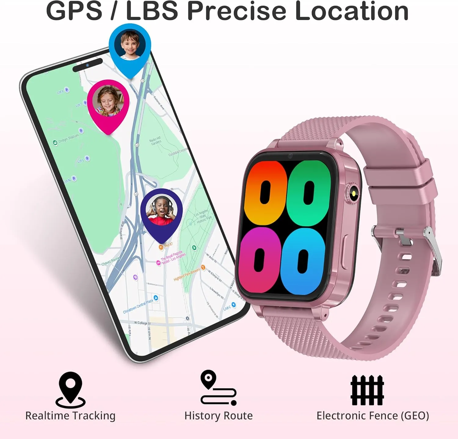 4G Kids Watch with GPS Tracker Kids Cell Phone Watch Kids Smart Watches Girls Ages 5-12 with SOS & Video Calling Voice Chat Alarm Clock Camera Birthday (Pink)