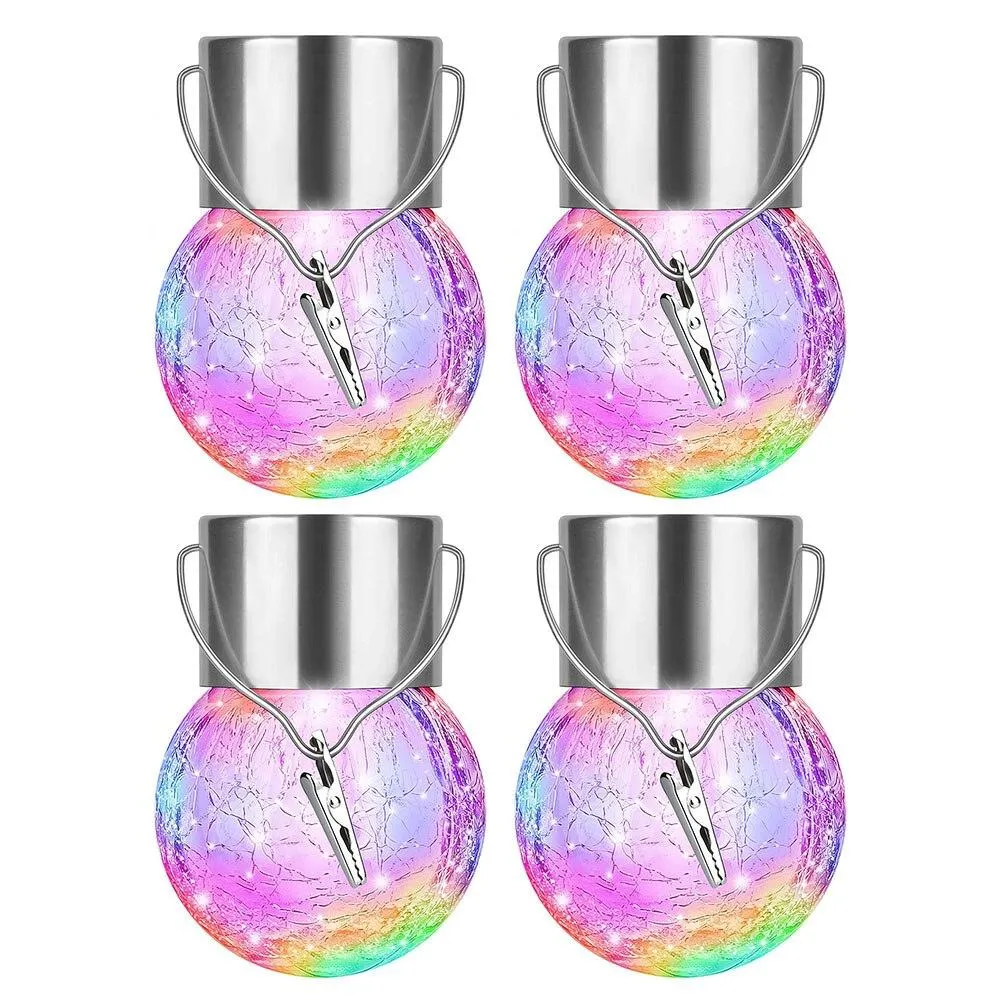 4PCS Tree Hanging Globe Light Solar Crackle Glass Ball Lamp Decorative Lantern White Light  For Garden Wedding Party Holiday