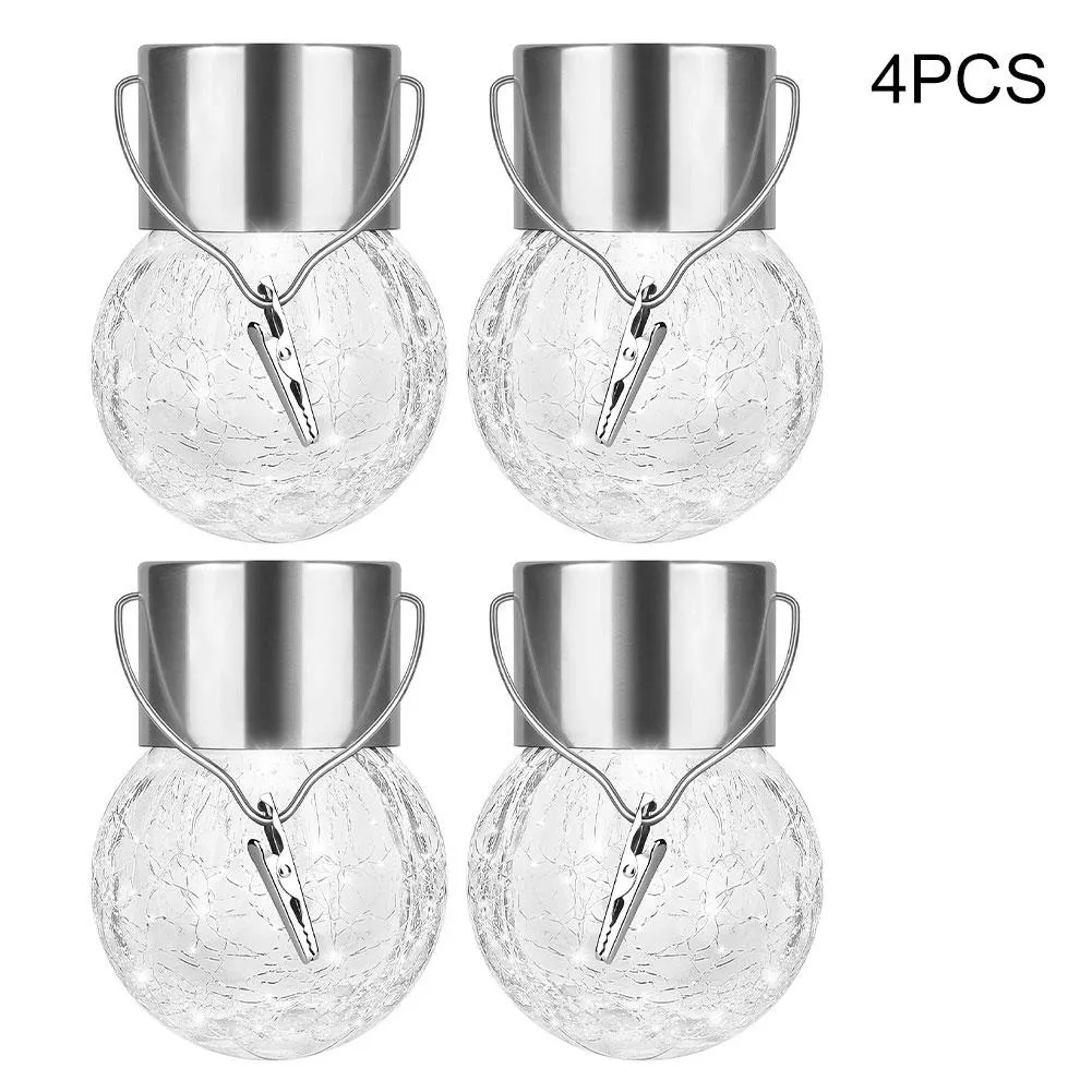 4PCS Tree Hanging Globe Light Solar Crackle Glass Ball Lamp Decorative Lantern White Light  For Garden Wedding Party Holiday
