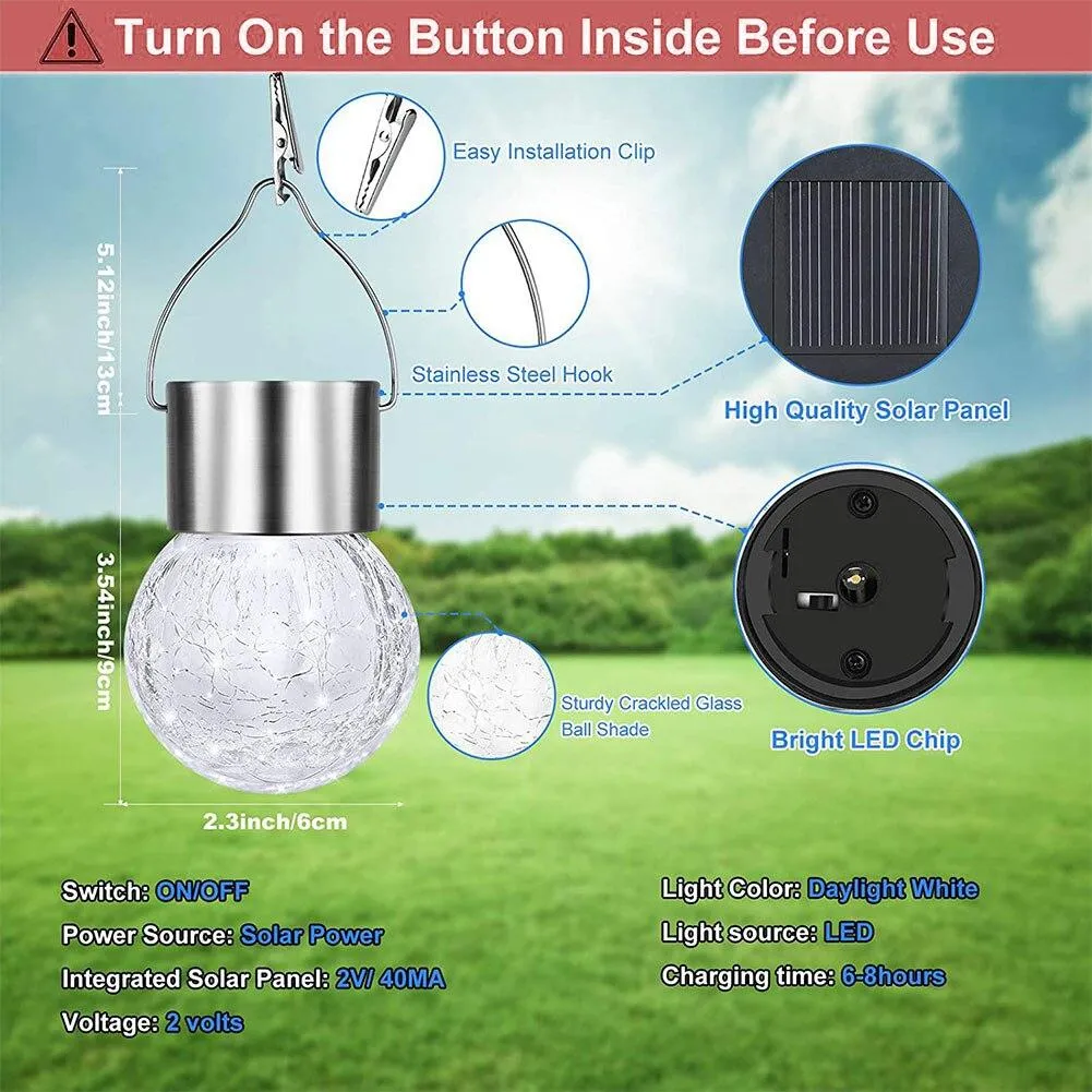 4PCS Tree Hanging Globe Light Solar Crackle Glass Ball Lamp Decorative Lantern White Light  For Garden Wedding Party Holiday