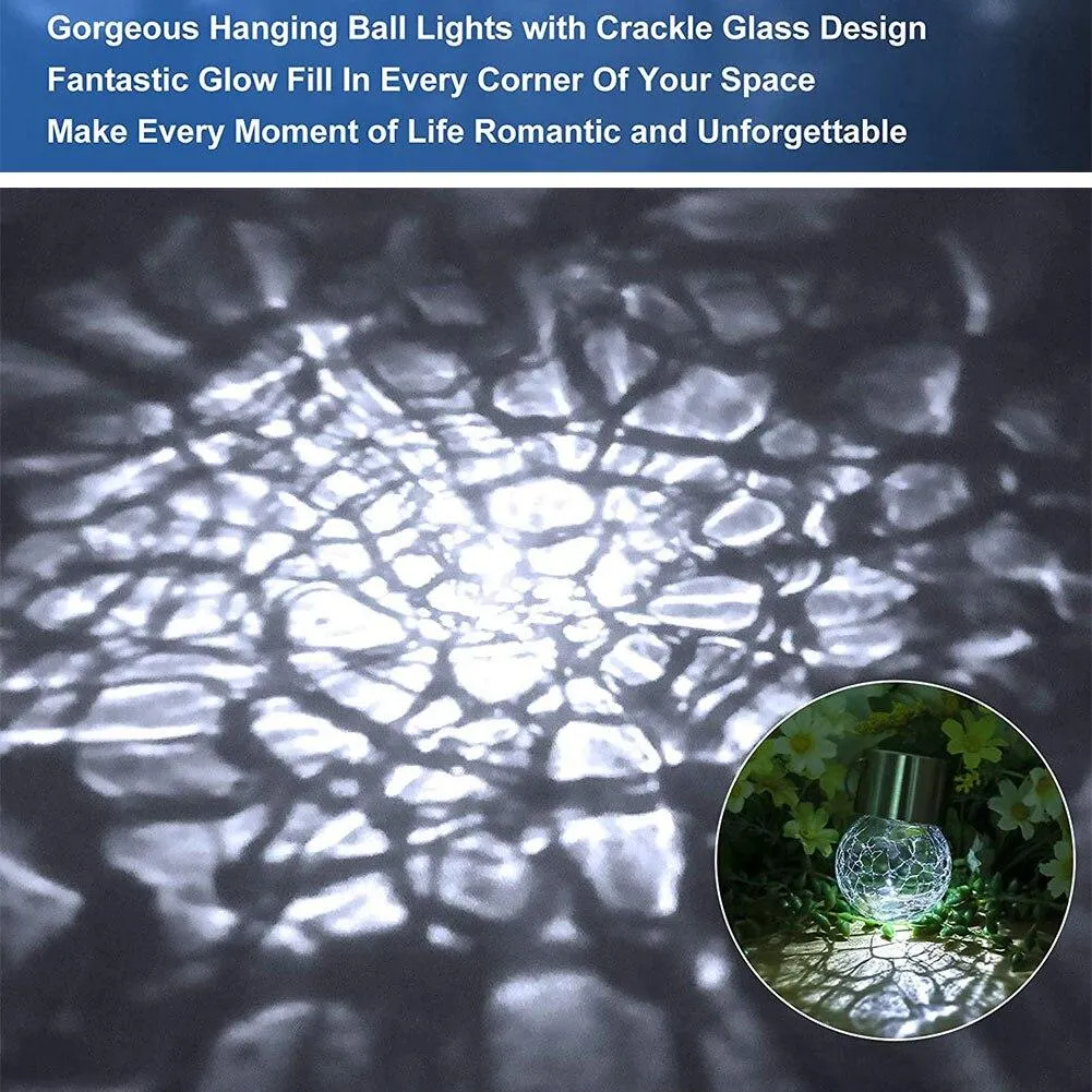 4PCS Tree Hanging Globe Light Solar Crackle Glass Ball Lamp Decorative Lantern White Light  For Garden Wedding Party Holiday