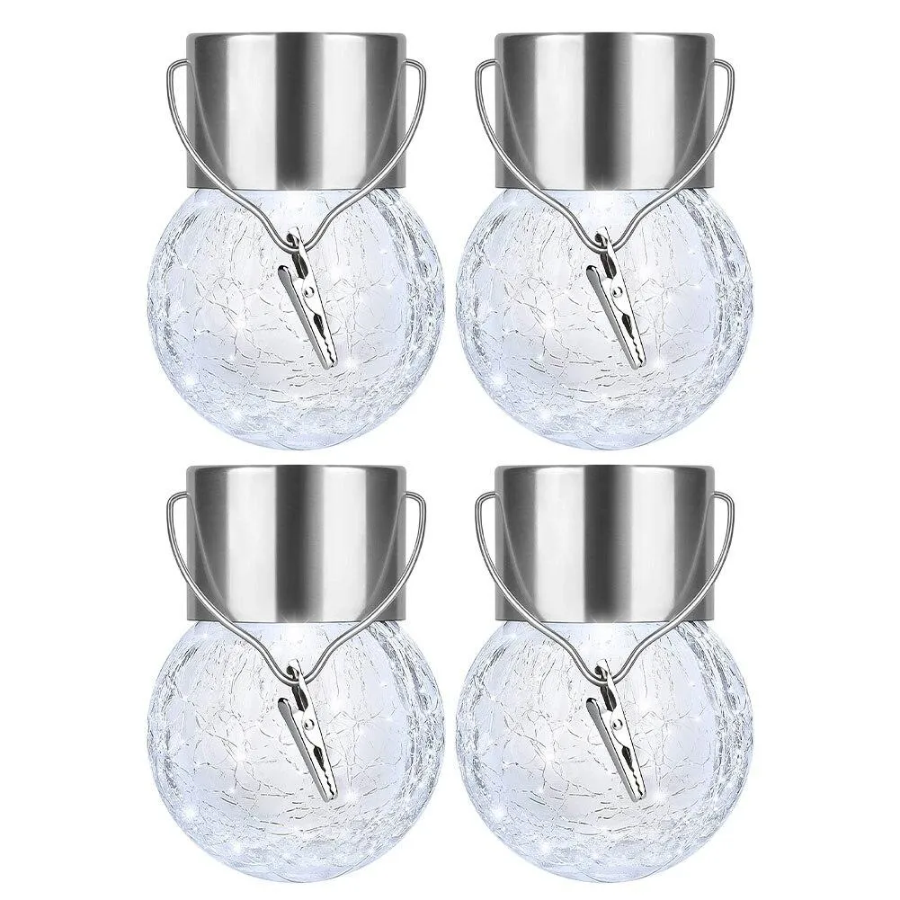 4PCS Tree Hanging Globe Light Solar Crackle Glass Ball Lamp Decorative Lantern White Light  For Garden Wedding Party Holiday