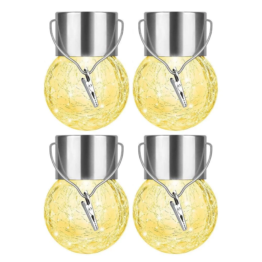 4PCS Tree Hanging Globe Light Solar Crackle Glass Ball Lamp Decorative Lantern White Light  For Garden Wedding Party Holiday