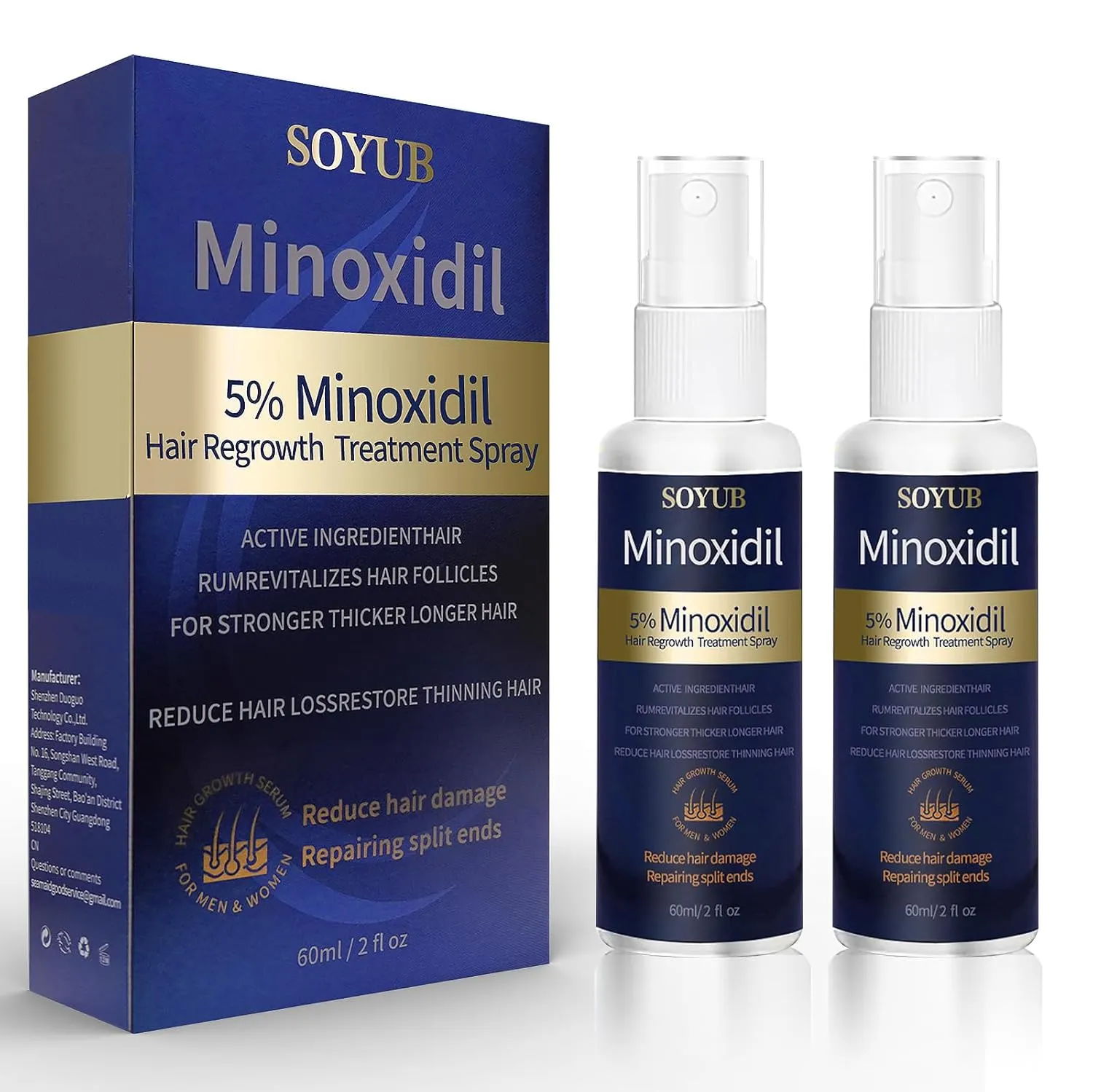 5% Minoxidil For Men Hair Growth, Minoxidil For Women Hair Regrowth Serum Spray, Stop Hair Thinning and Hair Stronger Thicker Longer Healthier - 2.02 Fl.Oz (2 Bottles)