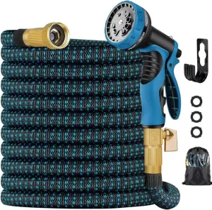 50 ft Expandable Garden Hose - Kink Free Flexible Water Hose 50ft with 10 Pattern Spray Nozzle, 3/4 Solid Brass Connectors, Retractable Latex Core - Lightweight Expanding Hose