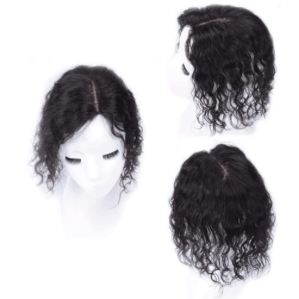 5x8cm Women Hair Wig hand made mono base Natural Human Hair Top HairPiece Replacement One Piece Clip in Hair Crown Extension (Curly Light Brown)