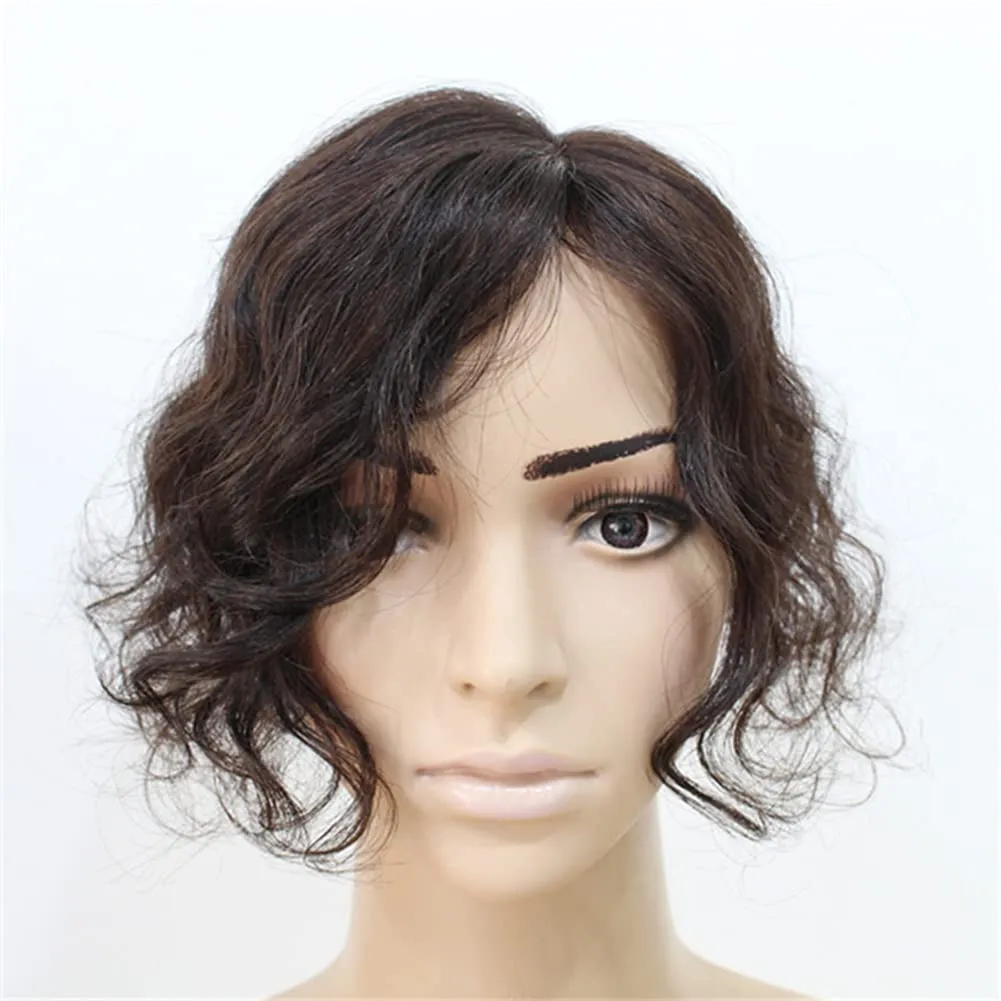 5x8cm Women Hair Wig hand made mono base Natural Human Hair Top HairPiece Replacement One Piece Clip in Hair Crown Extension (Curly Light Brown)