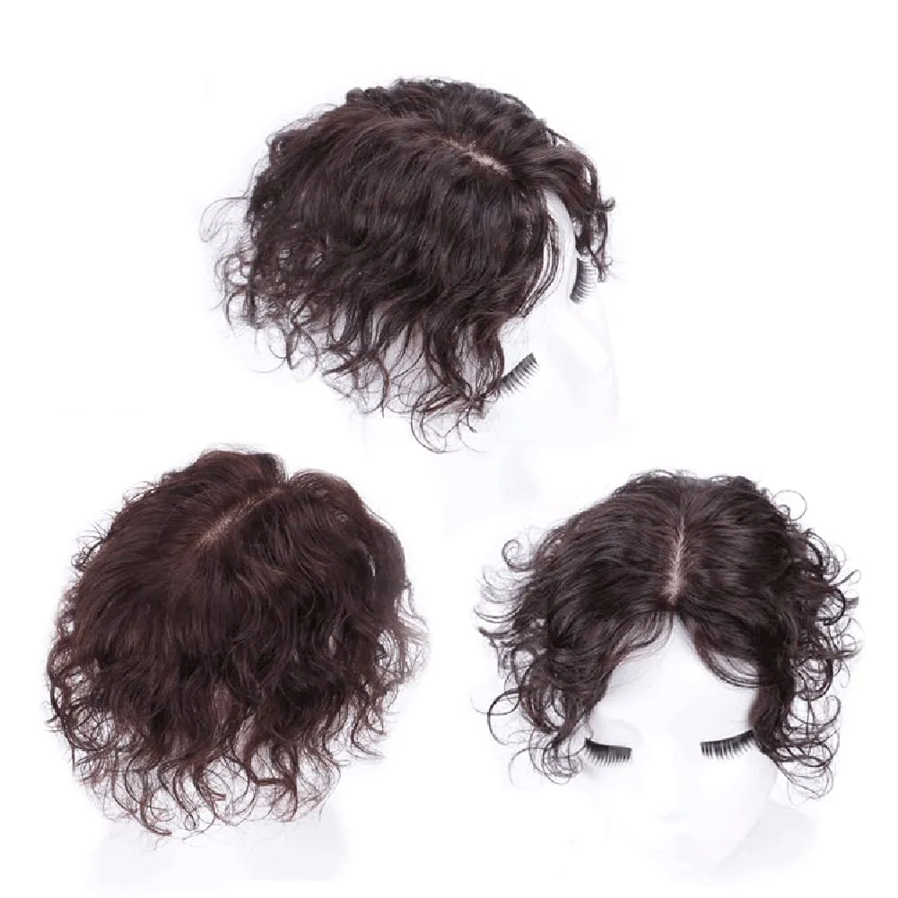 5x8cm Women Hair Wig hand made mono base Natural Human Hair Top HairPiece Replacement One Piece Clip in Hair Crown Extension (Curly Light Brown)