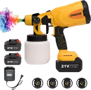 650W Cordless Paint Sprayer with 2 * 4000mAh Batteries, Electric Paint Gun with Container, 4 Copper Nozzles & 3 Spray Patterns for House Painting, Fence, Ceiling, Yellow