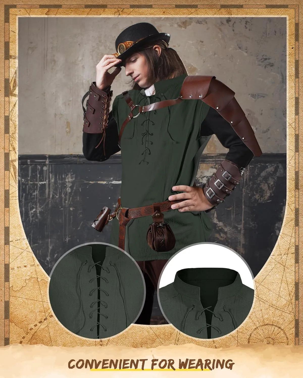 7 Pcs Halloween Men's Renaissance Costume Set Shirt Pants Belt Shoulder Armor Pouch Bracer Sword Bag