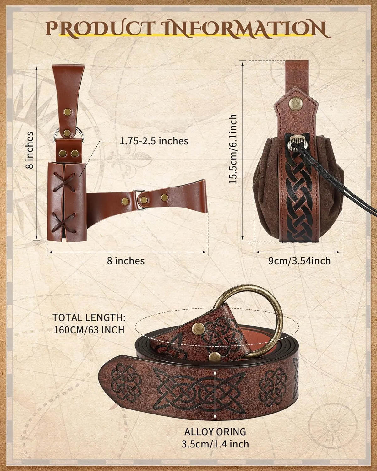 7 Pcs Halloween Men's Renaissance Costume Set Shirt Pants Belt Shoulder Armor Pouch Bracer Sword Bag