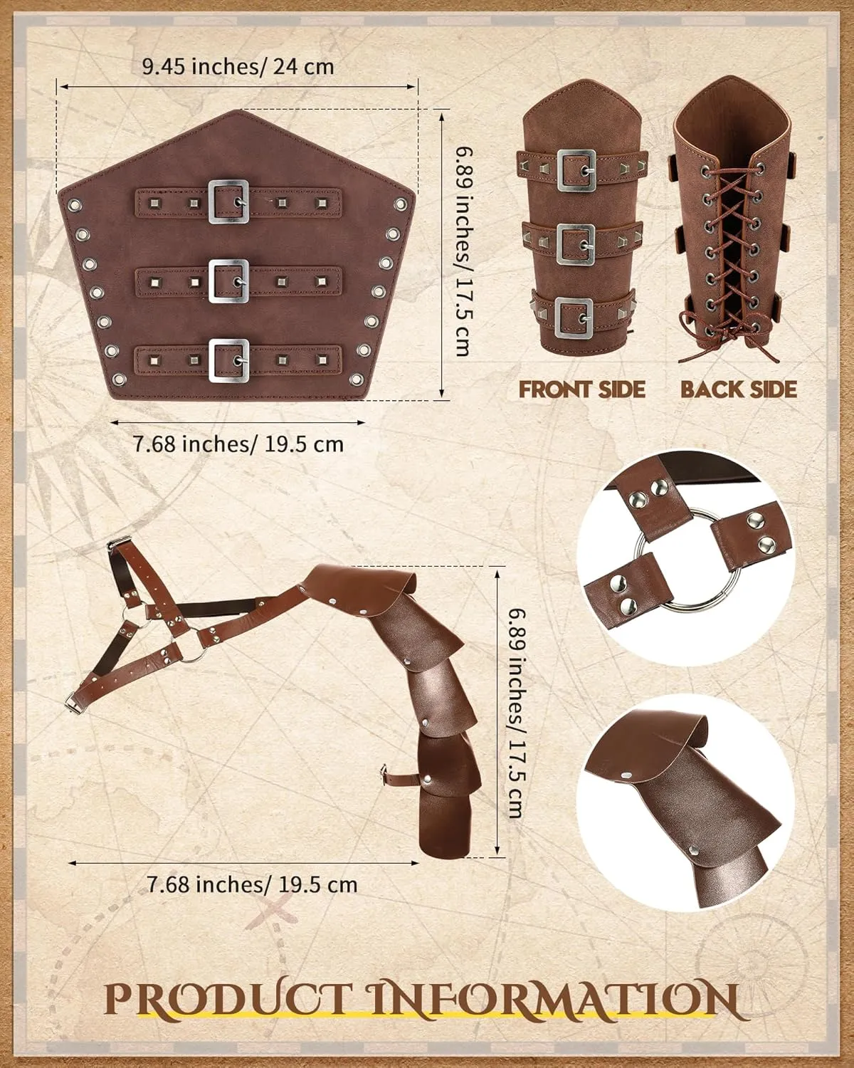 7 Pcs Halloween Men's Renaissance Costume Set Shirt Pants Belt Shoulder Armor Pouch Bracer Sword Bag