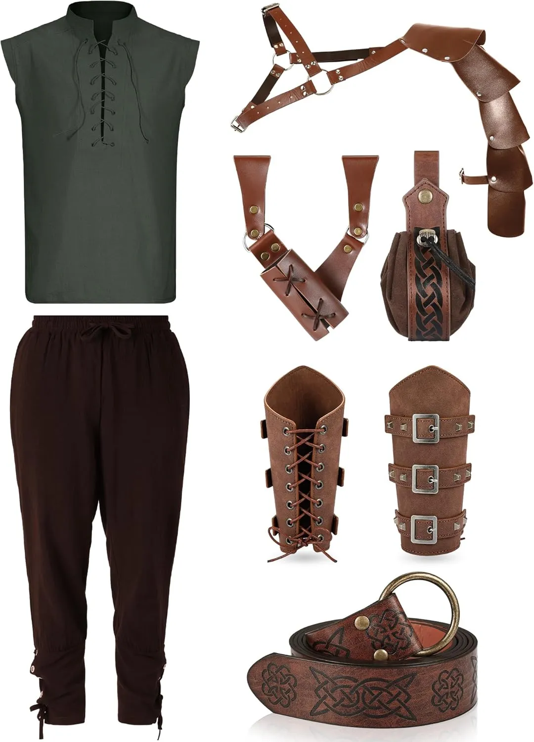 7 Pcs Halloween Men's Renaissance Costume Set Shirt Pants Belt Shoulder Armor Pouch Bracer Sword Bag