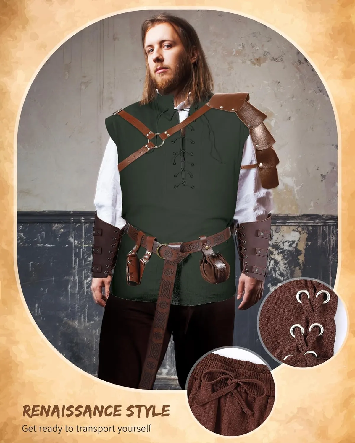 7 Pcs Halloween Men's Renaissance Costume Set Shirt Pants Belt Shoulder Armor Pouch Bracer Sword Bag