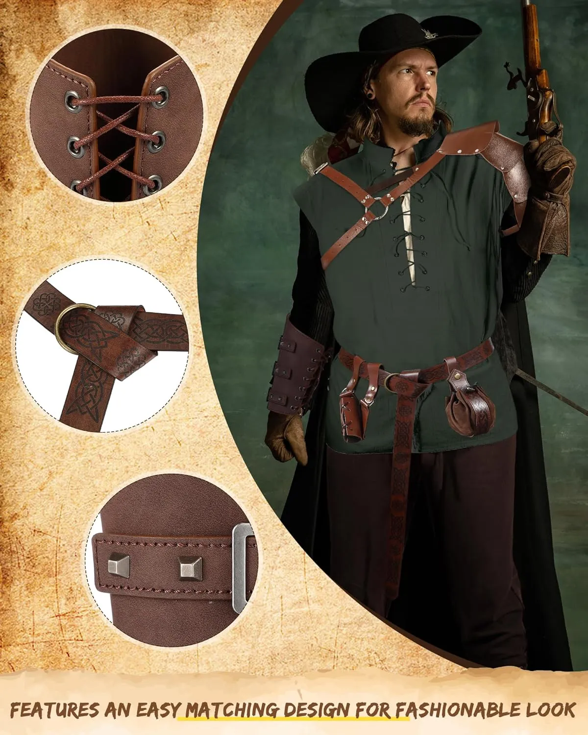 7 Pcs Halloween Men's Renaissance Costume Set Shirt Pants Belt Shoulder Armor Pouch Bracer Sword Bag
