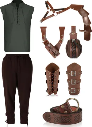7 Pcs Halloween Men's Renaissance Costume Set Shirt Pants Belt Shoulder Armor Pouch Bracer Sword Bag