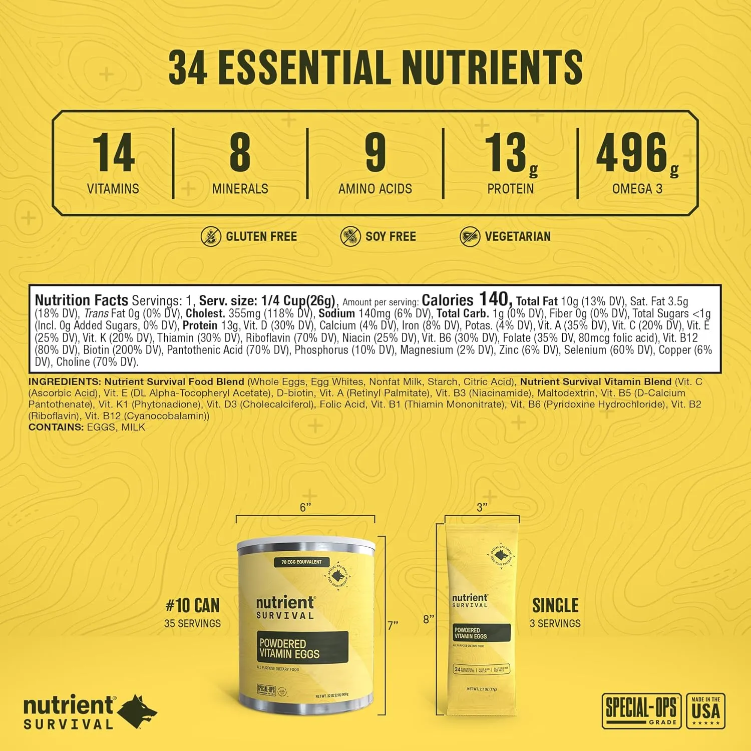 70 Egg Equivalent Nutrient Survival Vitamin Powdered Eggs Blend, Freeze Dried Prepper Supplies & Emergency Food Supply, 33 Essential Nutrients, Gluten Free, Shelf Stable Up to 25 Years