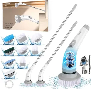 9-in-1 Multi-Purpose Electric Spin Scrubber,2 Speeds,Long Handle,Replaceable Brush Heads,for Cleaning Floors, Windows, Bathtubs, Grout, Tiles, Sink, Car (Greywhite)