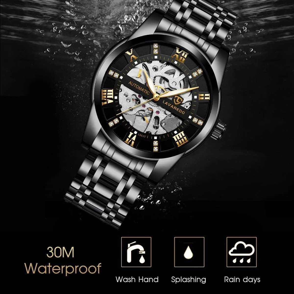 A ALPS Mens Watch Skeleton Luxury Mechanical Stainless Steel Waterproof Black Automatic Self-Winding Roman Numerals Diamond Dial Wrist Watch