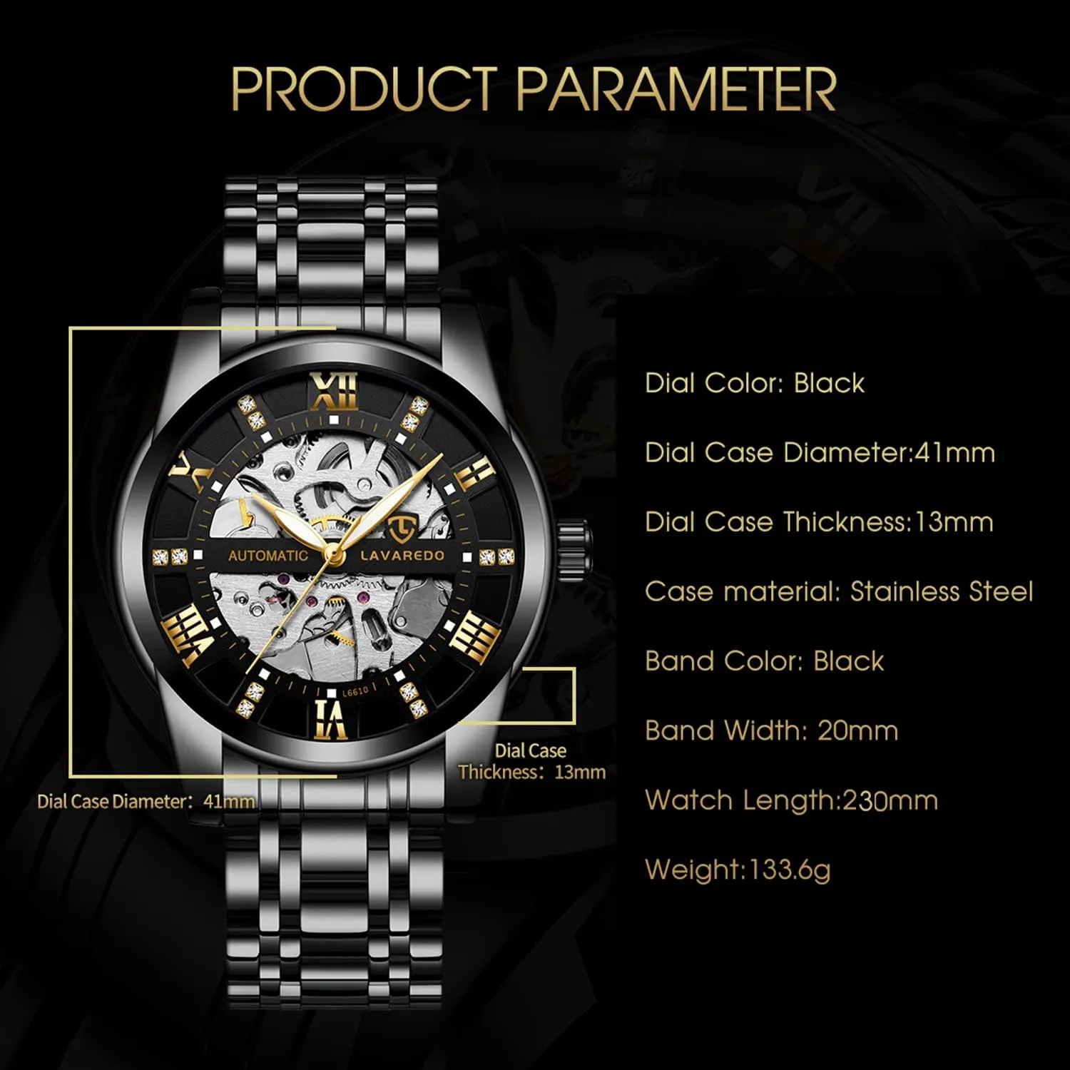 A ALPS Mens Watch Skeleton Luxury Mechanical Stainless Steel Waterproof Black Automatic Self-Winding Roman Numerals Diamond Dial Wrist Watch