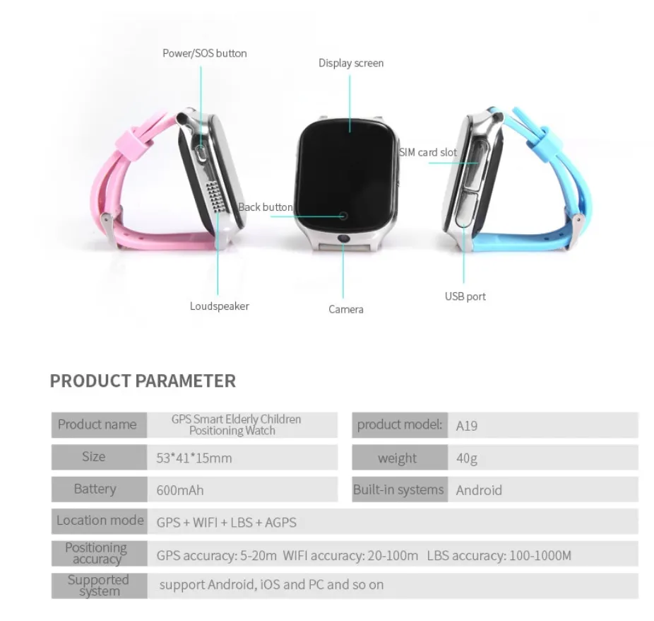 A19 3G GPS Smart Watch GPS Tracking Safety  Emergency GPS WIFI