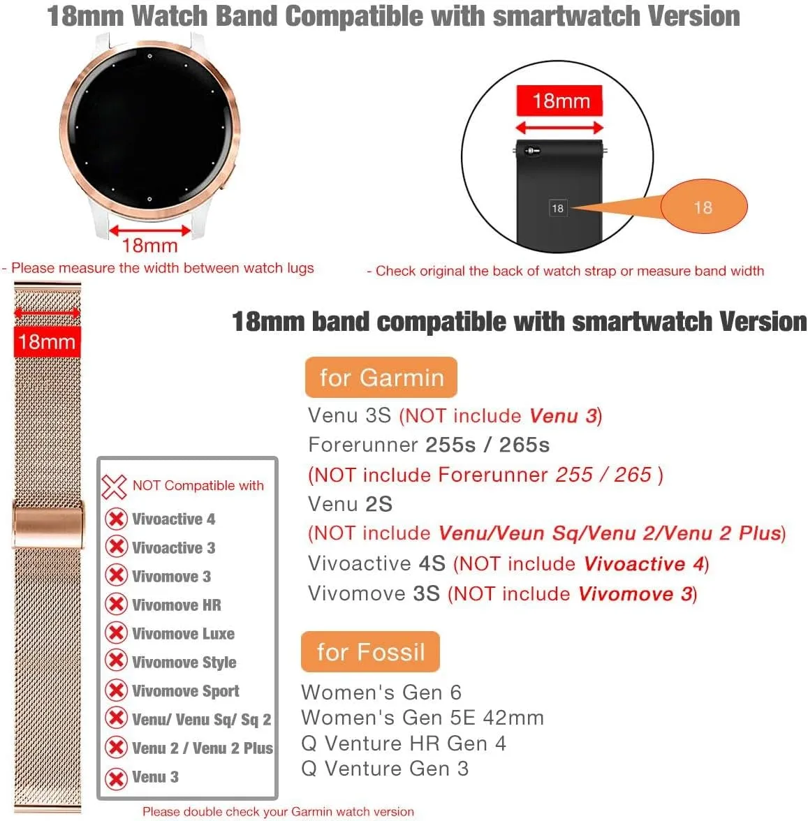Abanen Watch Bands for Garmin Vivoactive 4S / Vivomove 3S / Venu 2S / Venu 3S, 18mm Quick Release Stainless Steel Metal Mesh Women Wristband Strap for Forerunner 255s/265s