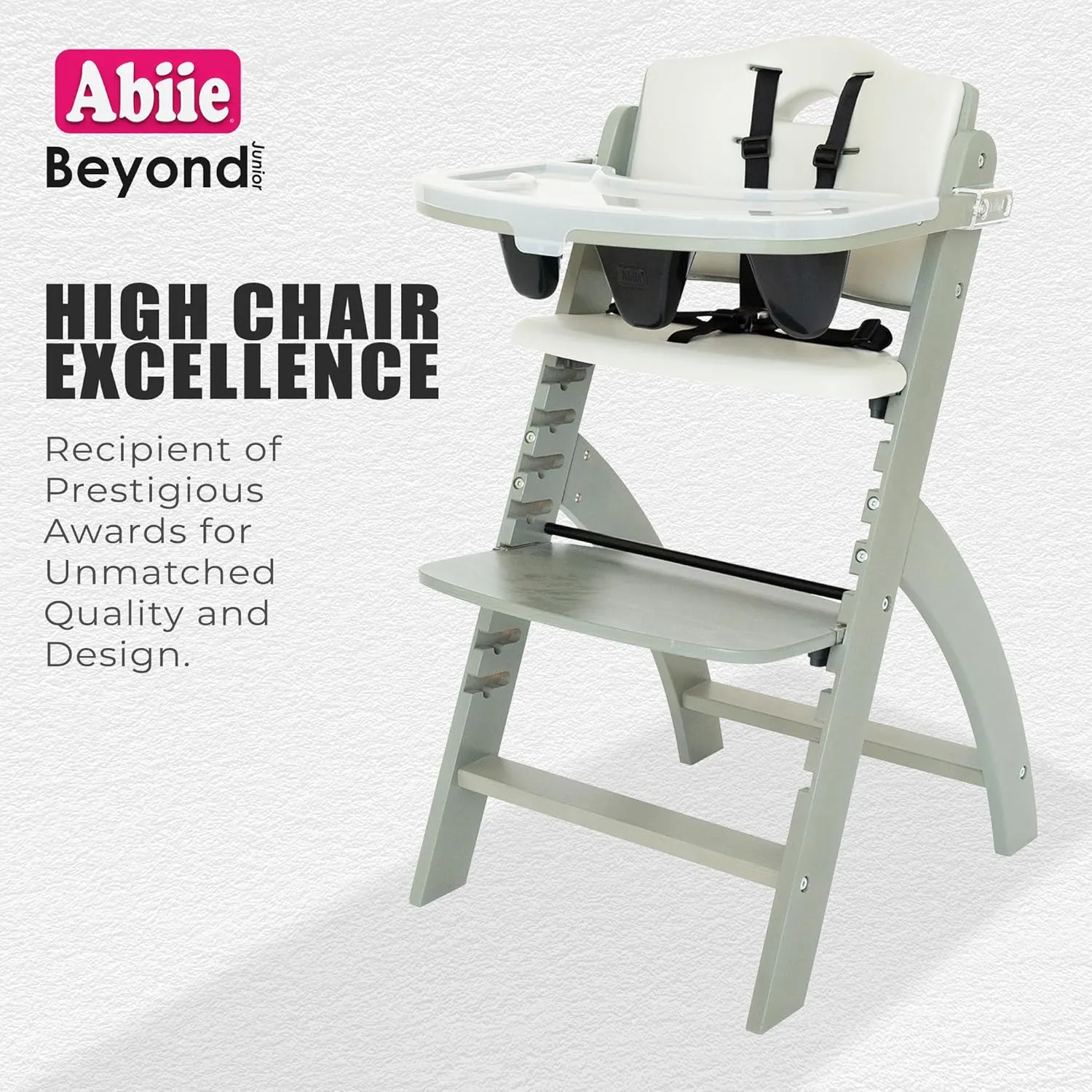 Abiie Beyond Junior Wooden High Chair with Tray - Adjustable and Convertible High Chair for Babies and Toddlers - 6 Months to 250 Lb - Water Resistant - Misty Grey Wood/Dove Grey Cushion