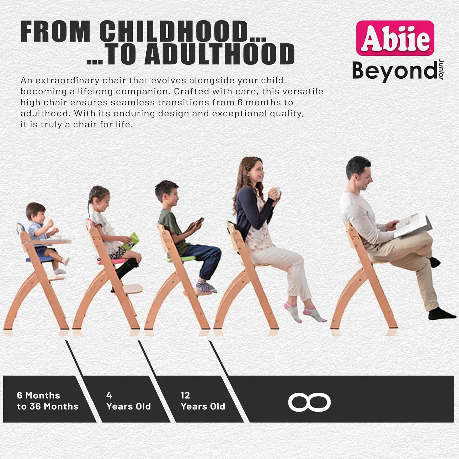 Abiie Beyond Junior Wooden High Chair with Tray - Adjustable and Convertible High Chair for Babies and Toddlers - 6 Months to 250 Lb - Water Resistant - Misty Grey Wood/Dove Grey Cushion