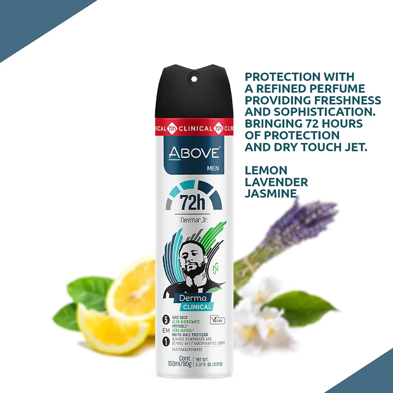 ABOVE Neymar Jr - 72 Hours Derma Clinical Antiperspirant Deodorant Set for Men - Dry Spray Protects Against Sweat and Body Odor - Delivers Instant Freshness - Alcohol and Stain Free - 4 pc