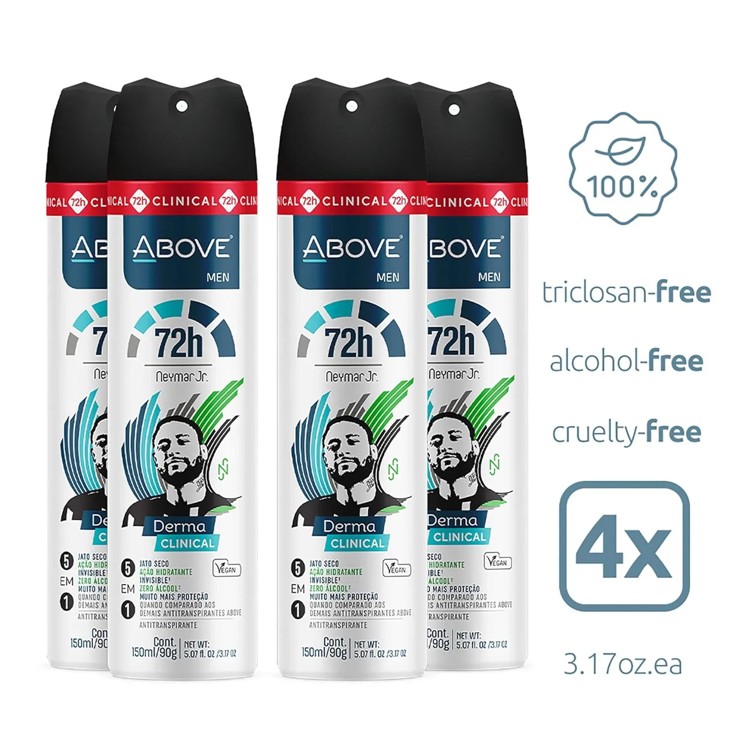 ABOVE Neymar Jr - 72 Hours Derma Clinical Antiperspirant Deodorant Set for Men - Dry Spray Protects Against Sweat and Body Odor - Delivers Instant Freshness - Alcohol and Stain Free - 4 pc