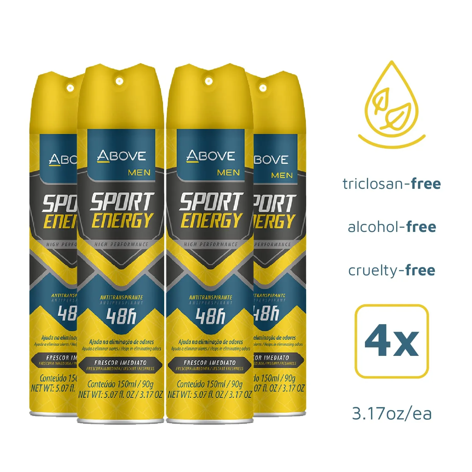ABOVE Sport Energy - 48 Hours Antiperspirant Deodorant for Men - Woody, Floral Fragrance - Dry Spray Protects Against Sweat and Body Odor - Delivers Instant Freshness - Alcohol Free - 4 pc