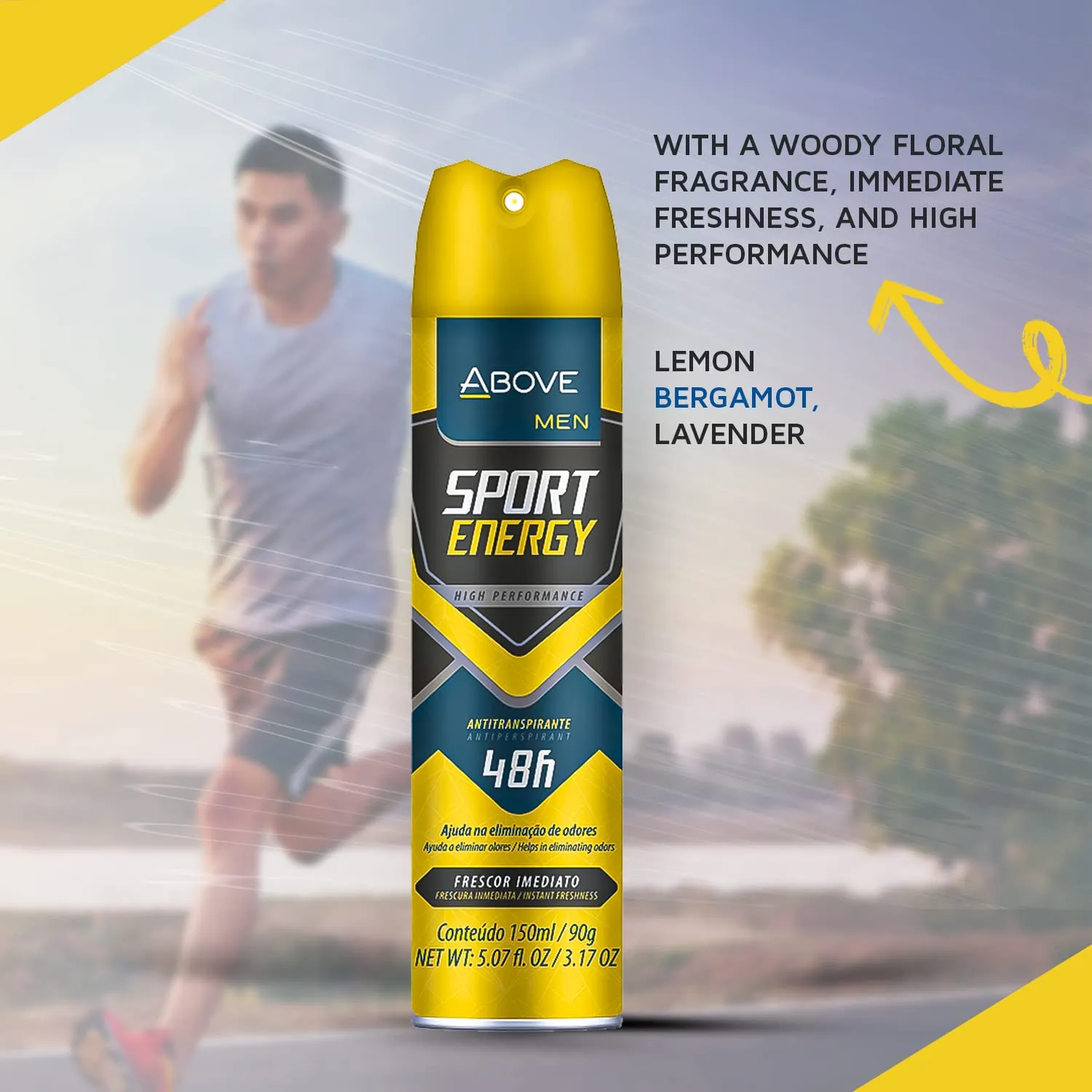 ABOVE Sport Energy - 48 Hours Antiperspirant Deodorant for Men - Woody, Floral Fragrance - Dry Spray Protects Against Sweat and Body Odor - Delivers Instant Freshness - Alcohol Free - 4 pc