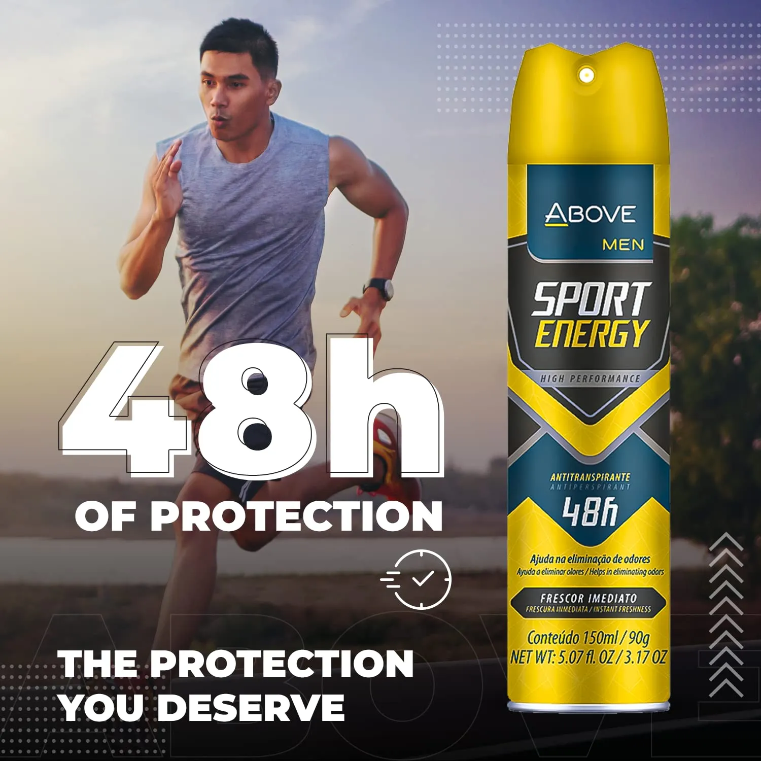 ABOVE Sport Energy - 48 Hours Antiperspirant Deodorant for Men - Woody, Floral Fragrance - Dry Spray Protects Against Sweat and Body Odor - Delivers Instant Freshness - Alcohol Free - 4 pc
