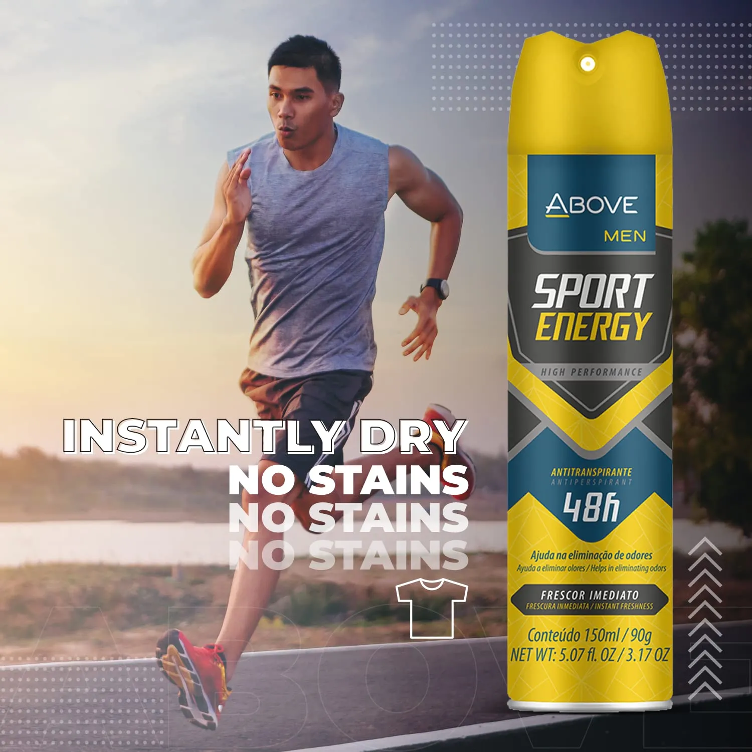 ABOVE Sport Energy - 48 Hours Antiperspirant Deodorant for Men - Woody, Floral Fragrance - Dry Spray Protects Against Sweat and Body Odor - Delivers Instant Freshness - Alcohol Free - 4 pc