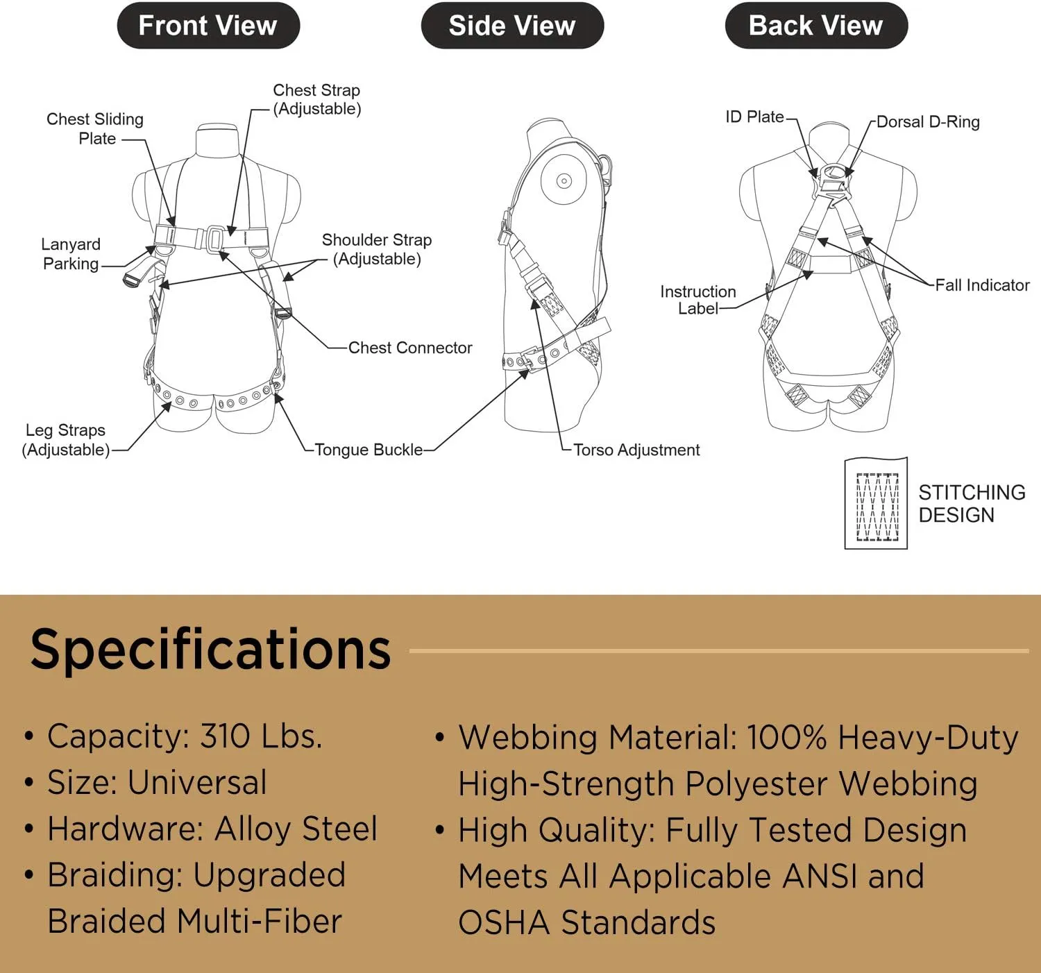 AFP Universal Full-Body Safety Harness w/Dorsal D-Ring Tongue Buckle Legs High-Viz Green, Shock Absorbing Lanyard (OSHA/ANSI)