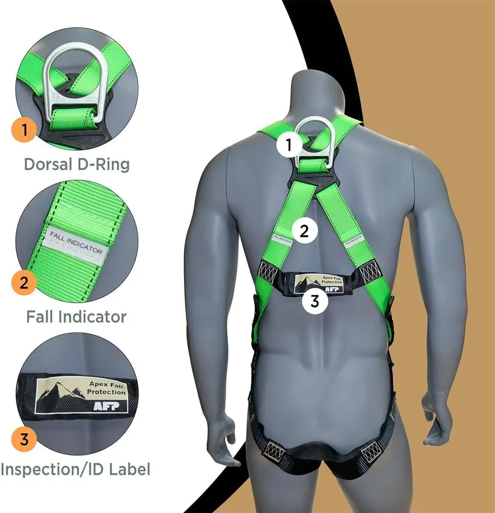 AFP Universal Full-Body Safety Harness w/Dorsal D-Ring Tongue Buckle Legs High-Viz Green, Shock Absorbing Lanyard (OSHA/ANSI)
