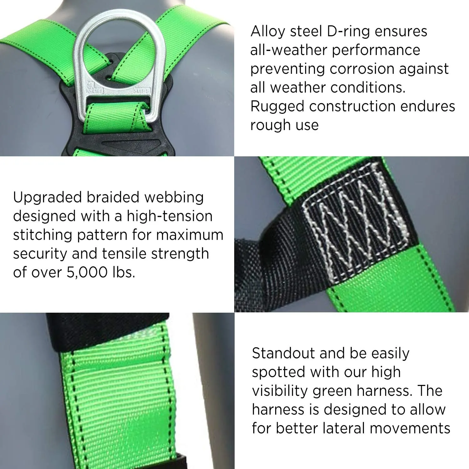 AFP Universal Full-Body Safety Harness w/Dorsal D-Ring Tongue Buckle Legs High-Viz Green, Shock Absorbing Lanyard (OSHA/ANSI)
