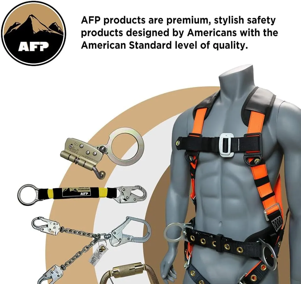 AFP Universal Full-Body Safety Harness w/Dorsal D-Ring Tongue Buckle Legs High-Viz Green, Shock Absorbing Lanyard (OSHA/ANSI)