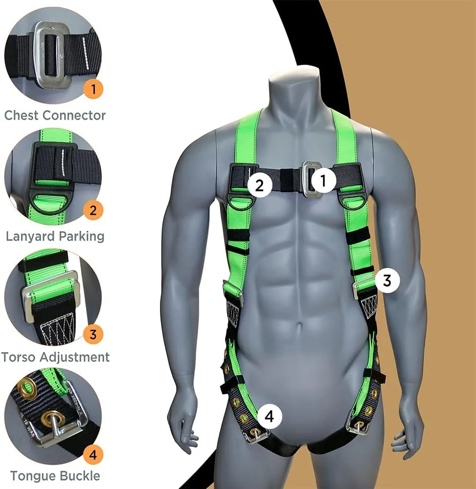 AFP Universal Full-Body Safety Harness w/Dorsal D-Ring Tongue Buckle Legs High-Viz Green, Shock Absorbing Lanyard (OSHA/ANSI)