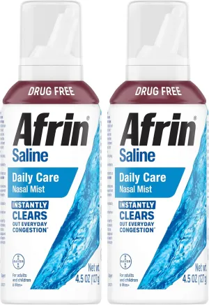 Afrin Saline Nasal Spray Twin Pack, 100% Drug Free, Saline Solution, Daily Care, Easy Mist, 4.5 OZ (Pack of 2)