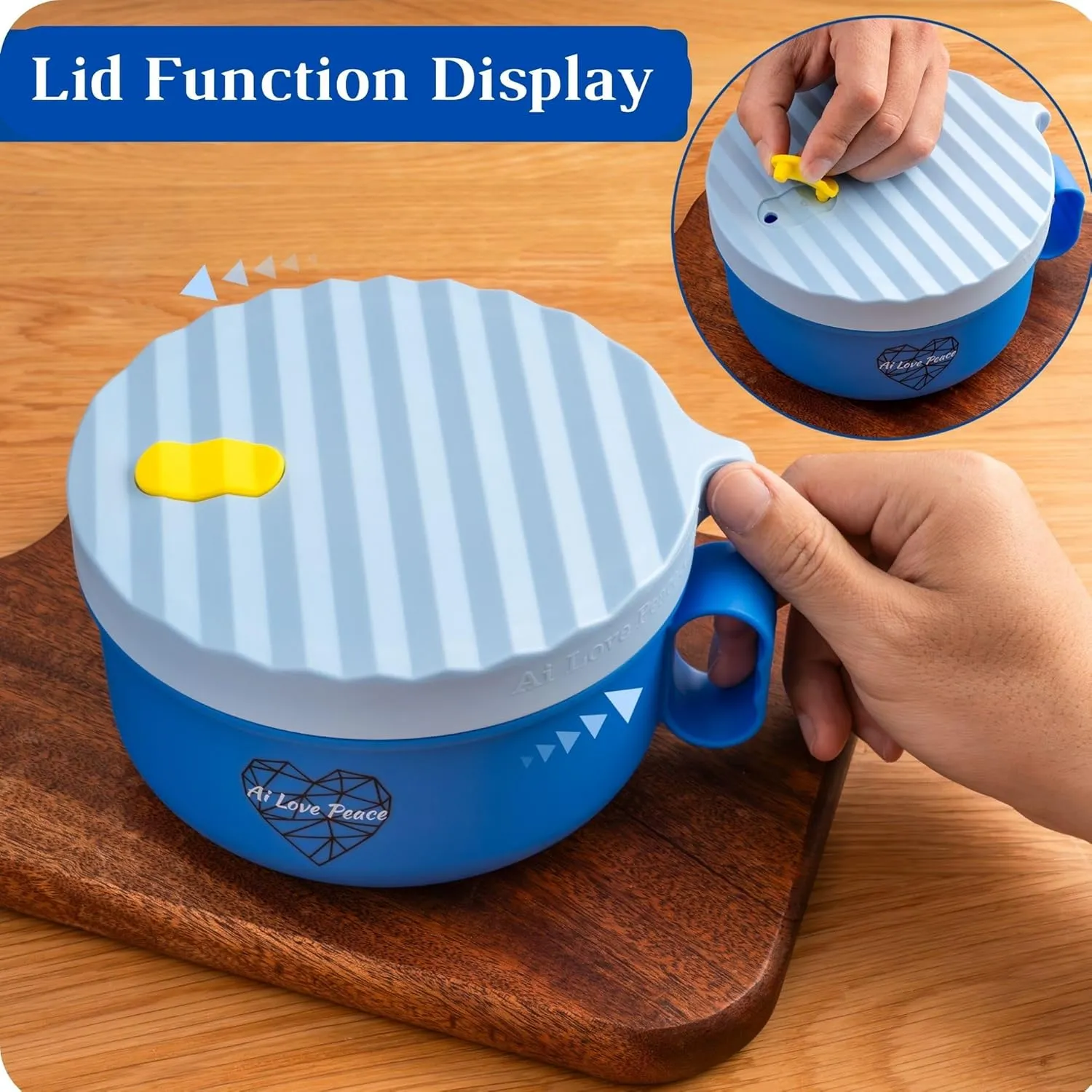 AI LOVE PEACE Ramen Bowl, 40 oz Microwaveable Noodle Cooker for Ramen, Pho, Soup, and Pasta, Dishwasher Safe and Portable, Ideal for Home, Office, Dorm, or Gift (Blue)
