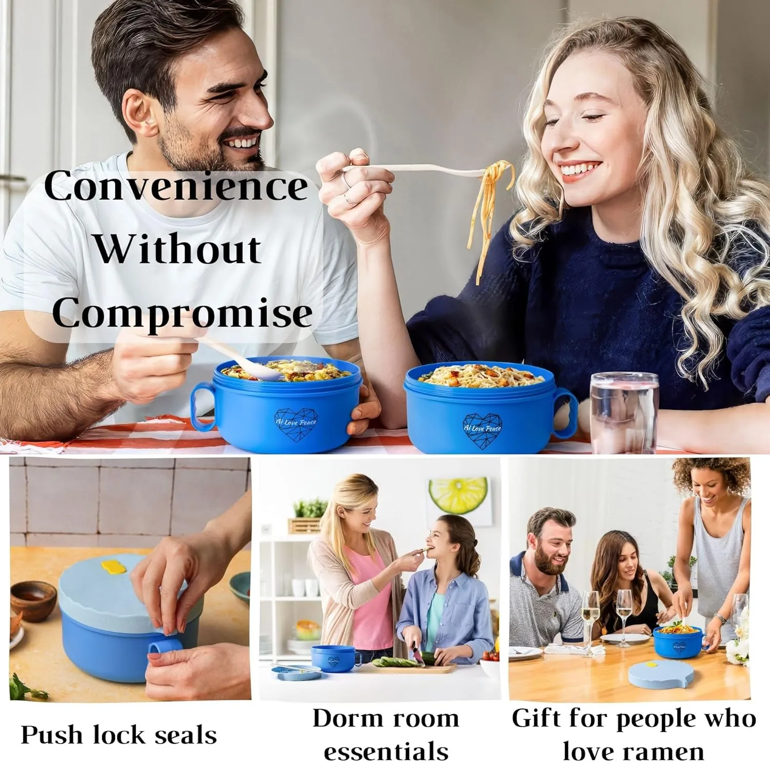 AI LOVE PEACE Ramen Bowl, 40 oz Microwaveable Noodle Cooker for Ramen, Pho, Soup, and Pasta, Dishwasher Safe and Portable, Ideal for Home, Office, Dorm, or Gift (Blue)