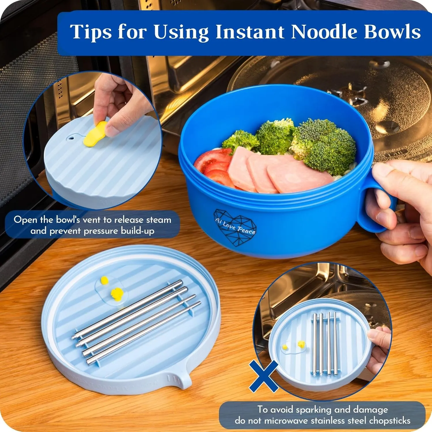 AI LOVE PEACE Ramen Bowl, 40 oz Microwaveable Noodle Cooker for Ramen, Pho, Soup, and Pasta, Dishwasher Safe and Portable, Ideal for Home, Office, Dorm, or Gift (Blue)