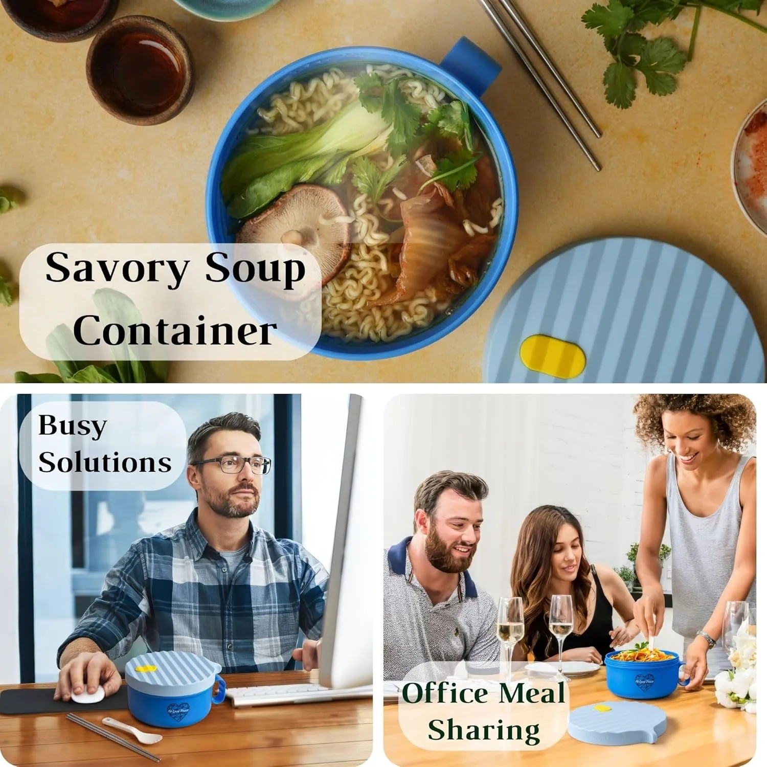 AI LOVE PEACE Ramen Bowl, 40 oz Microwaveable Noodle Cooker for Ramen, Pho, Soup, and Pasta, Dishwasher Safe and Portable, Ideal for Home, Office, Dorm, or Gift (Blue)