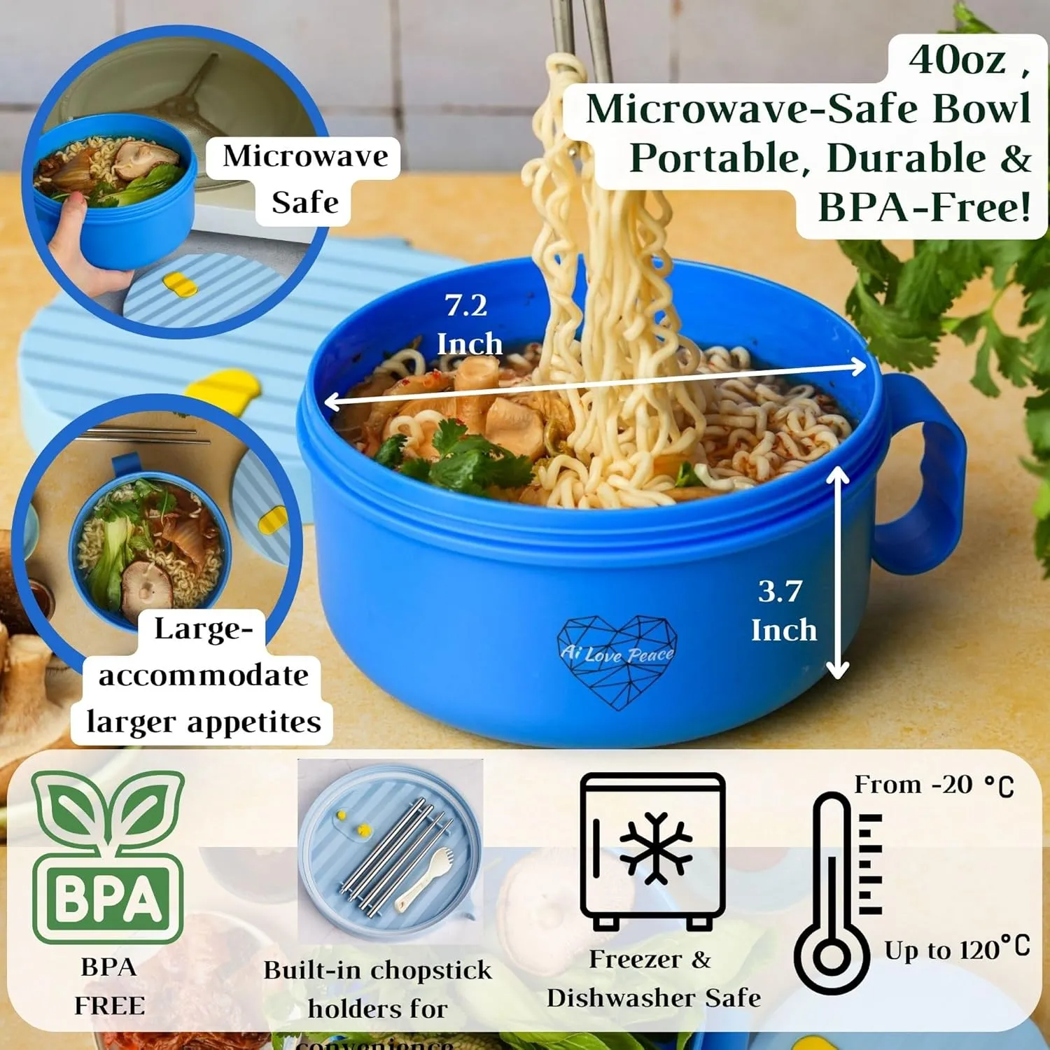AI LOVE PEACE Ramen Bowl, 40 oz Microwaveable Noodle Cooker for Ramen, Pho, Soup, and Pasta, Dishwasher Safe and Portable, Ideal for Home, Office, Dorm, or Gift (Blue)