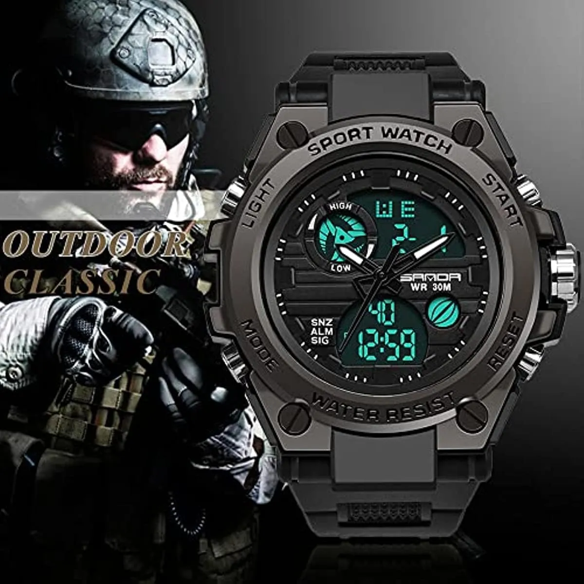 AIMES Mens Watches Sports Outdoor Waterproof Military Watch for Men Tactical Watch Analog Digital Date Alarm Stopwatch Multi-Function Tactics Big Face Wristwatch for Men