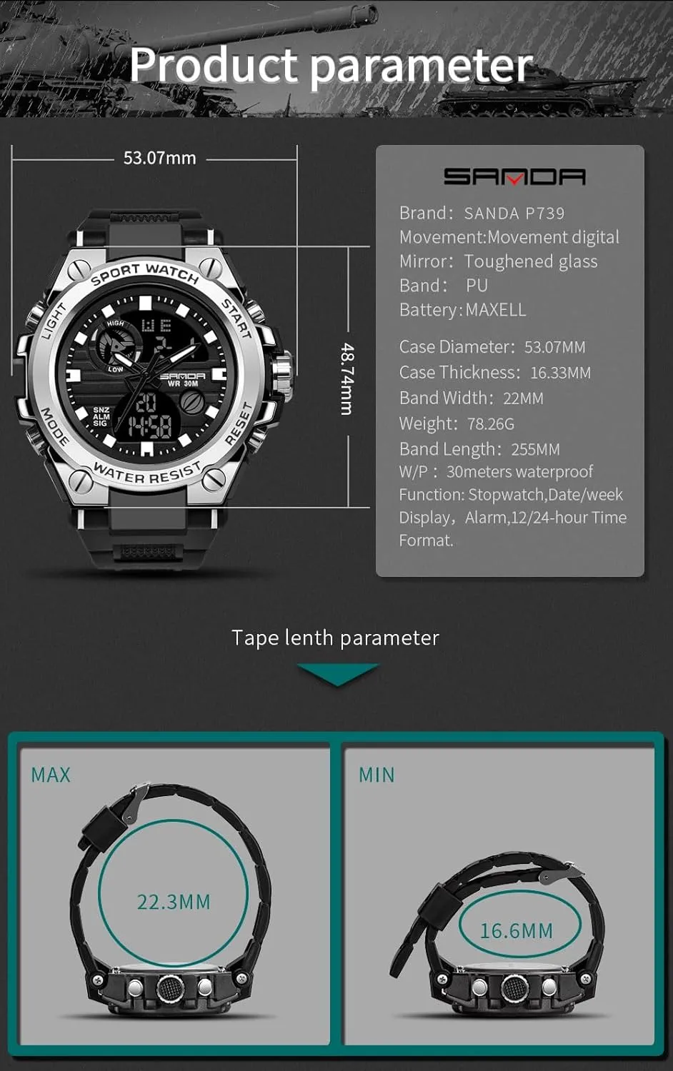 AIMES Mens Watches Sports Outdoor Waterproof Military Watch for Men Tactical Watch Analog Digital Date Alarm Stopwatch Multi-Function Tactics Big Face Wristwatch for Men