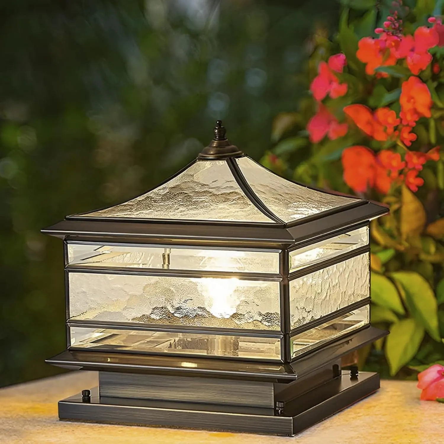 All Copper Steel Glass Outdoor Post lights, Waterproof Pillar Light, Vintage Patio Lawn Column Lamp,outdoor column lights,Deck Lights, Lantern Fence Lamp Fixture E26 Base (Wiring E26 Base, 16X16in)