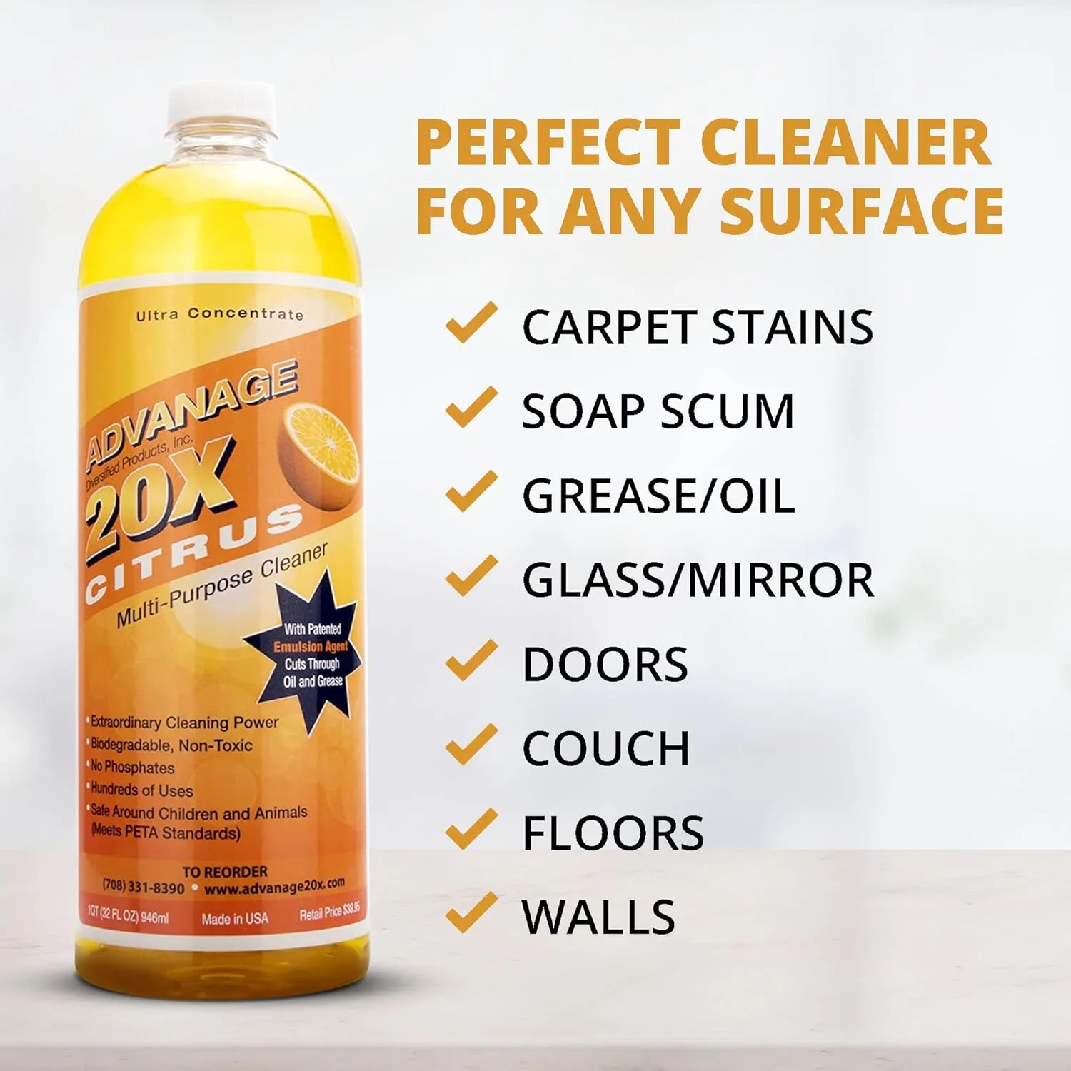 All Purpose Cleaner Concentrate - Advanage 20X The Wonder Cleaner Citrus for All Surfaces Around The Home, Oil and Grease | Multipurpose Cleaner For All Household Cleaning Needs | 32Oz
