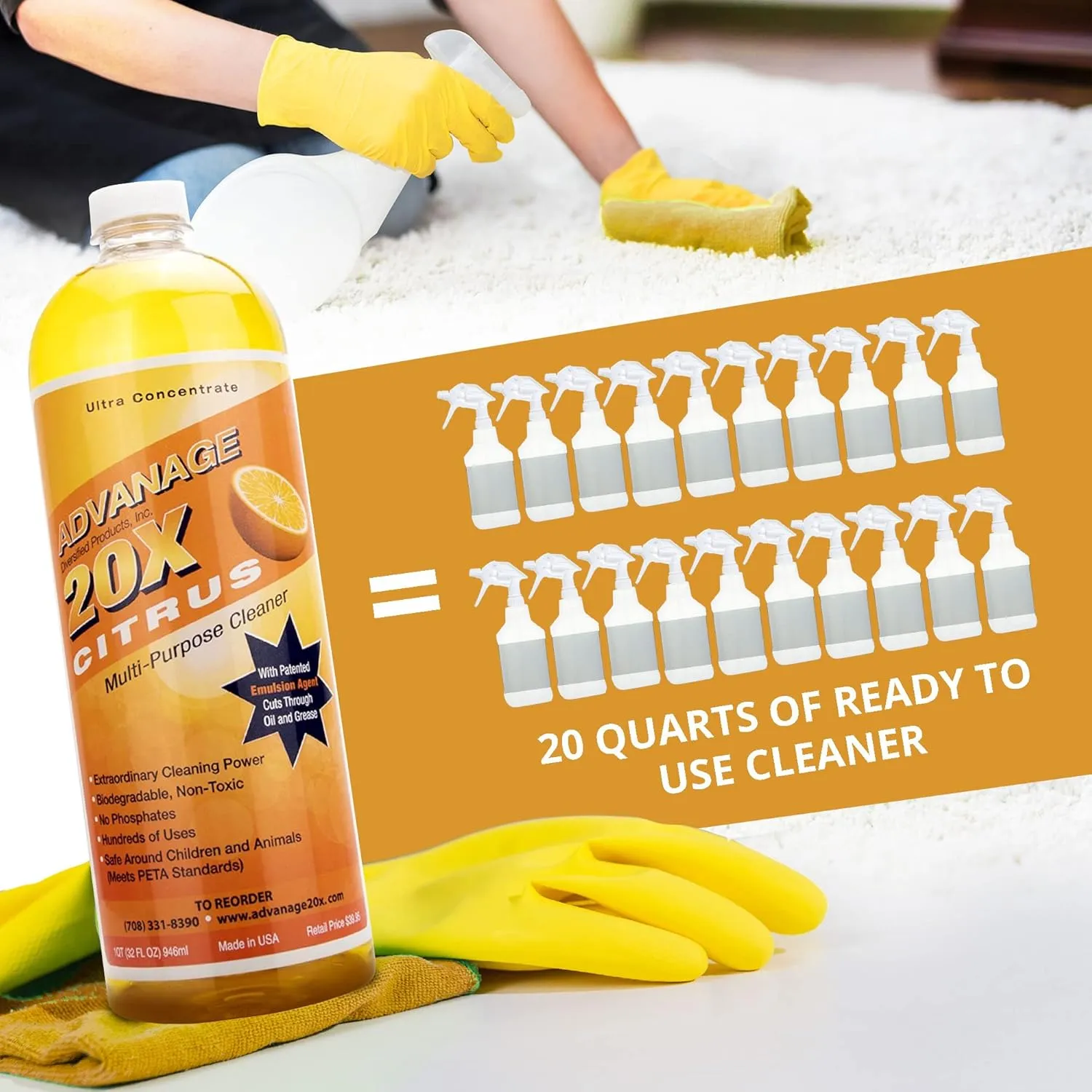 All Purpose Cleaner Concentrate - Advanage 20X The Wonder Cleaner Citrus for All Surfaces Around The Home, Oil and Grease | Multipurpose Cleaner For All Household Cleaning Needs | 32Oz